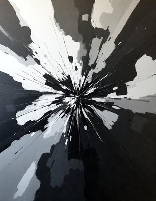 The primary subject of the image is a black and white artistic representation of a star. The setting is a black background, and the visual style appears to be a combination of a photo and digital art. The colors and mood of the image are predominantly black and white, creating a dramatic and striking effect.